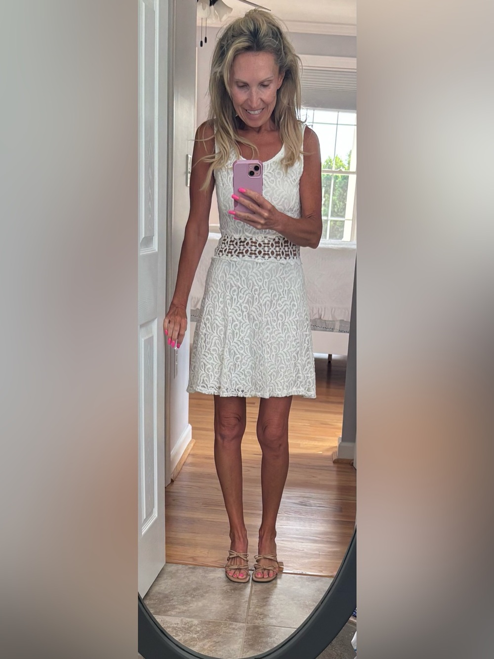 Sleeveless White Lace A-Line Dress with Crochet Waist - stunning dress